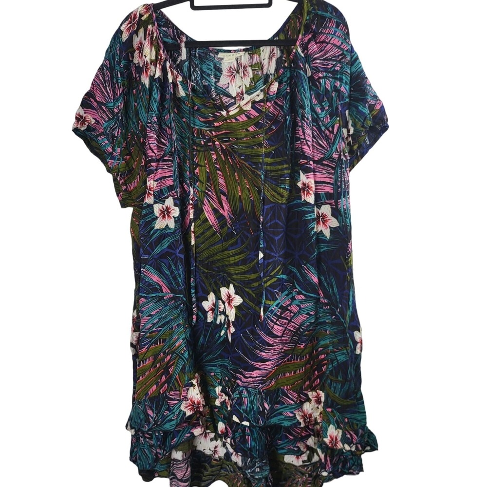 Loralette Midi Dress 16 Womens Plus Size Multicolor Tropical V Neck Short Sleeve